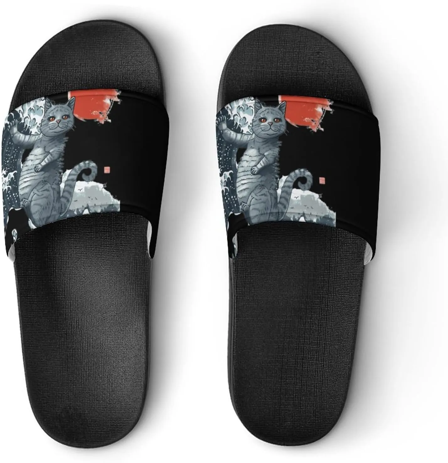 Japanese Funny Cat Wave Sun Non Slip Slides Sandals for Women Men Quick Drying Shower Shoes for Bathroom Pool Beach