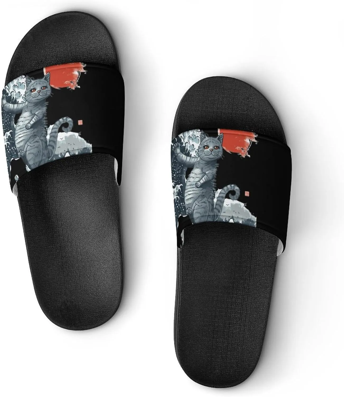 Japanese Funny Cat Wave Sun Non Slip Slides Sandals for Women Men Quick Drying Shower Shoes for Bathroom Pool Beach