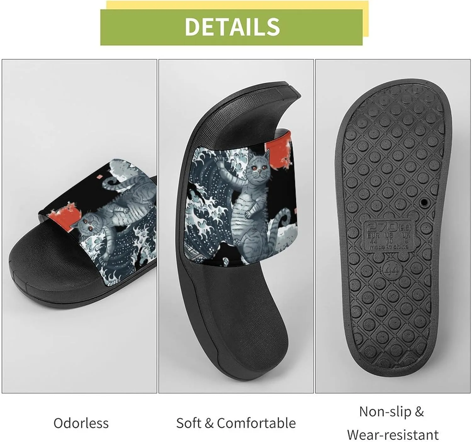 Japanese Funny Cat Wave Sun Non Slip Slides Sandals for Women Men Quick Drying Shower Shoes for Bathroom Pool Beach