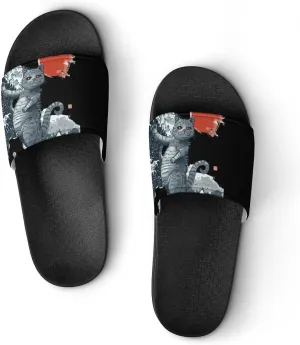 Japanese Funny Cat Wave Sun Non Slip Slides Sandals for Women Men Quick Drying Shower Shoes for Bathroom Pool Beach