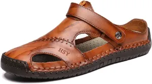 JEBU Men's Leather Casual Closed Toe Outdoor Fisherman Lightweight Summer Sandals