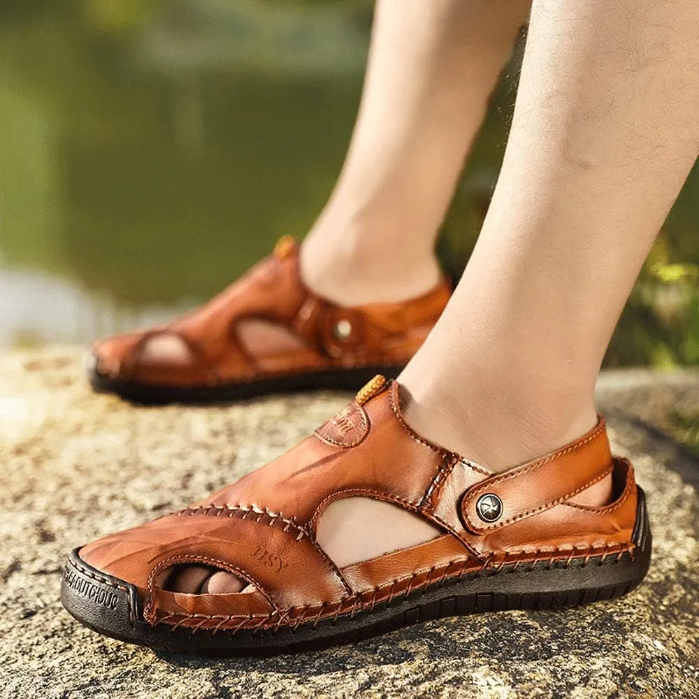 JEBU Men's Leather Casual Closed Toe Outdoor Fisherman Lightweight Summer Sandals
