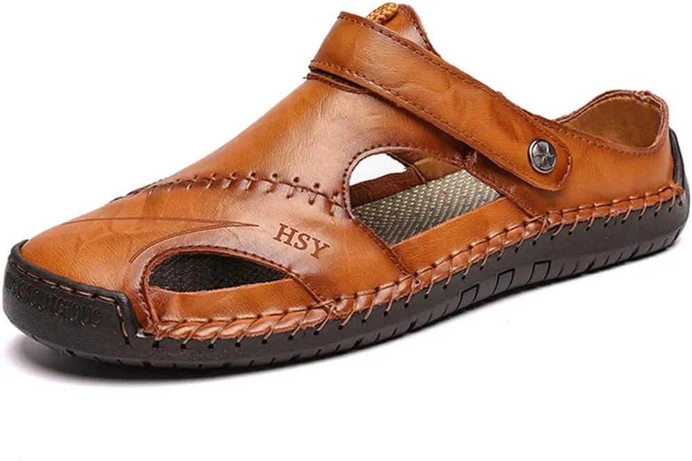 JEBU Men's Leather Casual Closed Toe Outdoor Fisherman Lightweight Summer Sandals