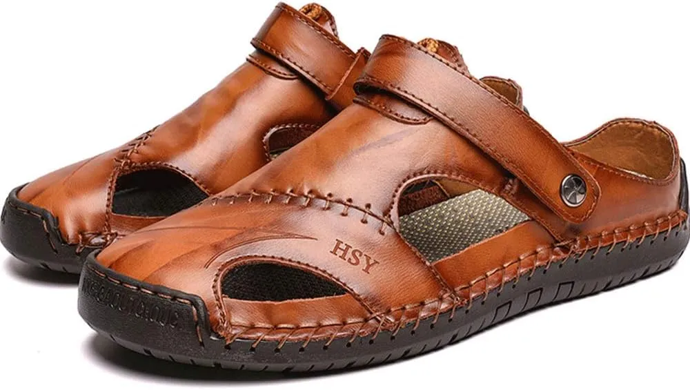 JEBU Men's Leather Casual Closed Toe Outdoor Fisherman Lightweight Summer Sandals