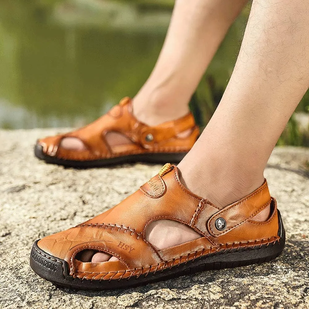 JEBU Men's Leather Casual Closed Toe Outdoor Fisherman Lightweight Summer Sandals