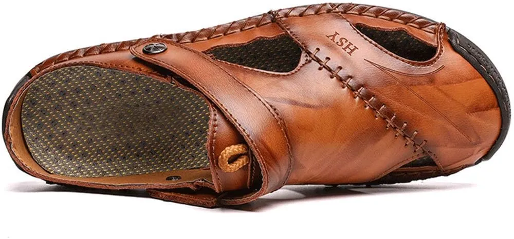 JEBU Men's Leather Casual Closed Toe Outdoor Fisherman Lightweight Summer Sandals