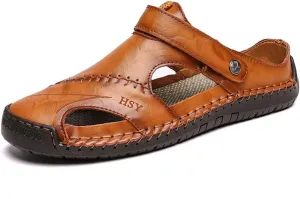 JEBU Men's Leather Casual Closed Toe Outdoor Fisherman Lightweight Summer Sandals