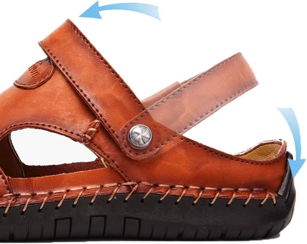 JEBU Men's Leather Casual Closed Toe Outdoor Fisherman Lightweight Summer Sandals