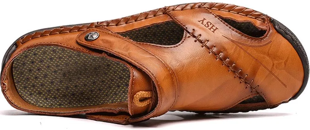 JEBU Men's Leather Casual Closed Toe Outdoor Fisherman Lightweight Summer Sandals