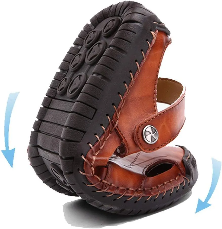 JEBU Men's Leather Casual Closed Toe Outdoor Fisherman Lightweight Summer Sandals