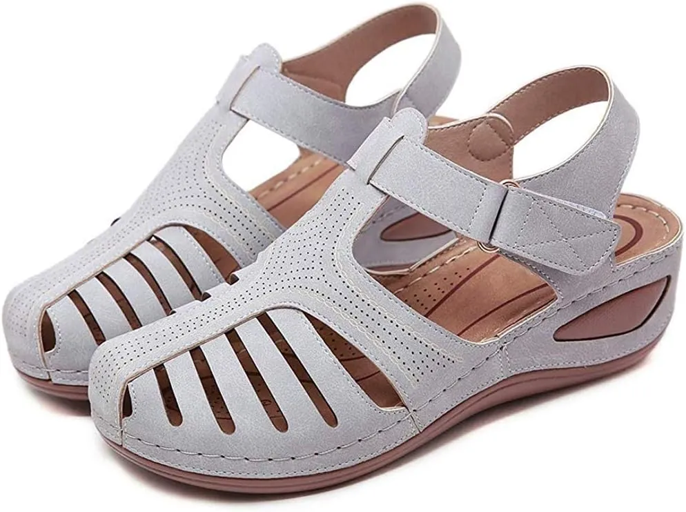 JITUUE Women's Summer Beach Wedge Sandals Bohemia Flip-Flop Ankle Strap Causal Closed Toe Cutout Flats Soft Comfort Comfy Low Wedge Shoes Gladiator Outdoor Shoes