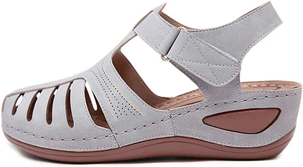 JITUUE Women's Summer Beach Wedge Sandals Bohemia Flip-Flop Ankle Strap Causal Closed Toe Cutout Flats Soft Comfort Comfy Low Wedge Shoes Gladiator Outdoor Shoes