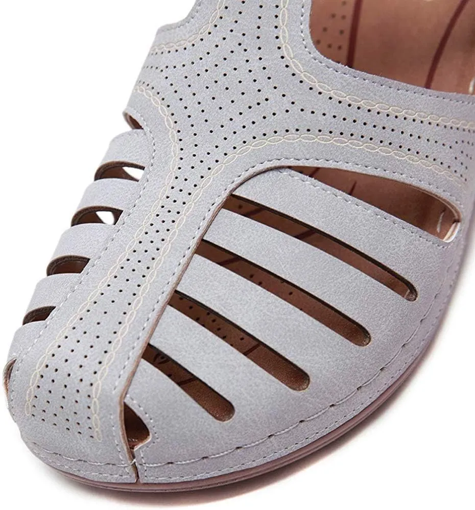 JITUUE Women's Summer Beach Wedge Sandals Bohemia Flip-Flop Ankle Strap Causal Closed Toe Cutout Flats Soft Comfort Comfy Low Wedge Shoes Gladiator Outdoor Shoes