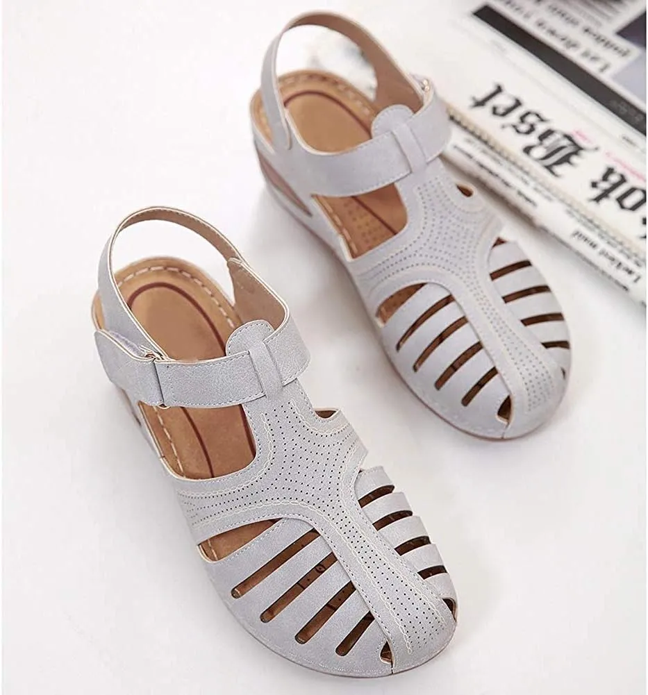 JITUUE Women's Summer Beach Wedge Sandals Bohemia Flip-Flop Ankle Strap Causal Closed Toe Cutout Flats Soft Comfort Comfy Low Wedge Shoes Gladiator Outdoor Shoes