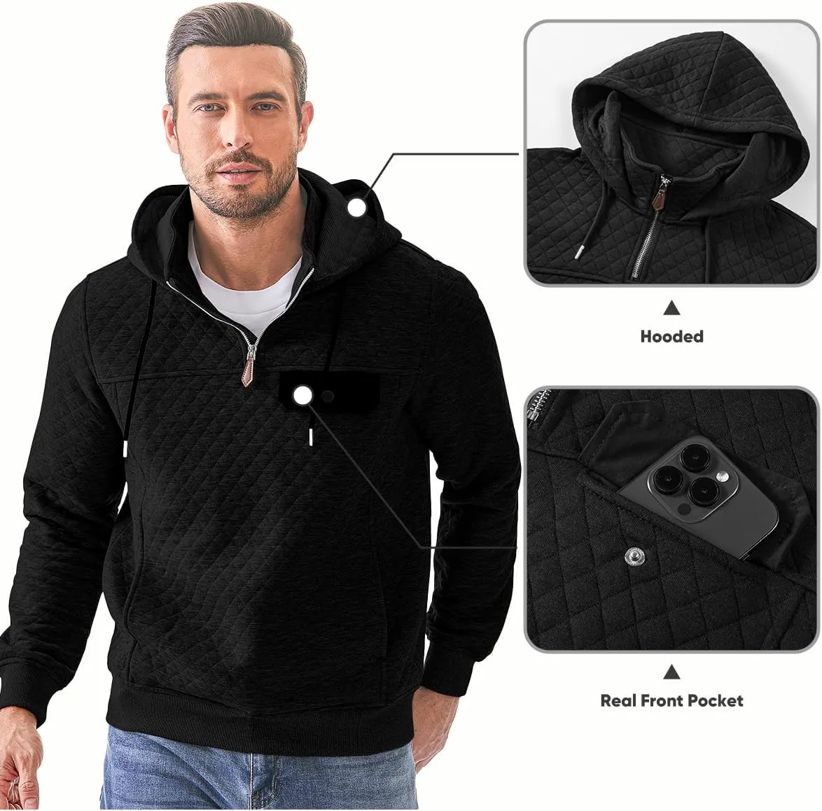 JMIERR Men's Quilted Hoodies Casual Long Sleeve Quarter-Zip Pullover Sweatshirt with Pockets