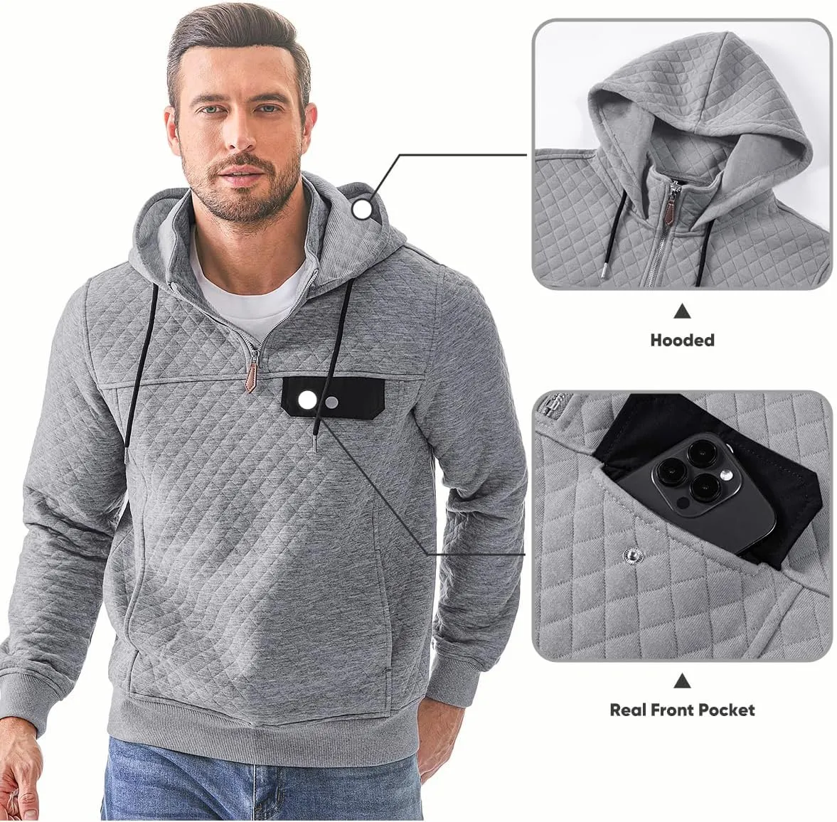 JMIERR Men's Quilted Hoodies Casual Long Sleeve Quarter-Zip Pullover Sweatshirt with Pockets