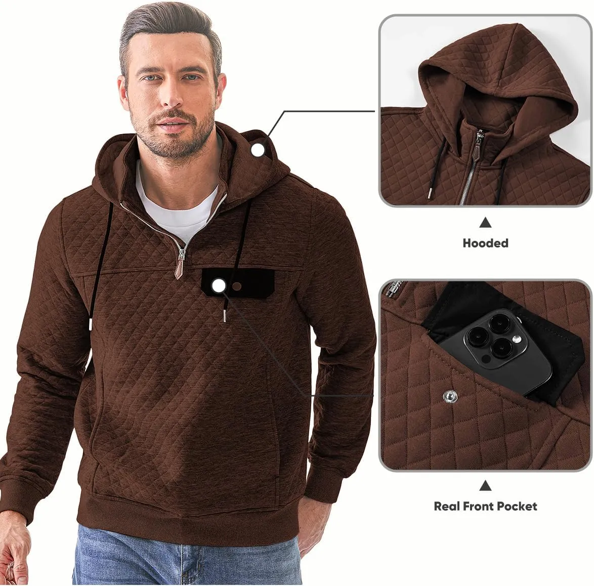 JMIERR Men's Quilted Hoodies Casual Long Sleeve Quarter-Zip Pullover Sweatshirt with Pockets