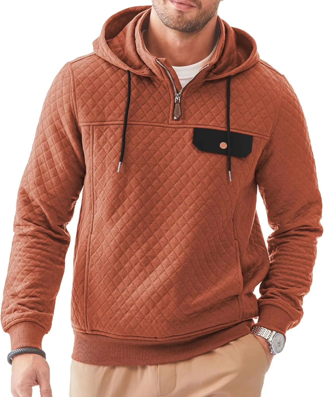 JMIERR Men's Quilted Hoodies Casual Long Sleeve Quarter-Zip Pullover Sweatshirt with Pockets