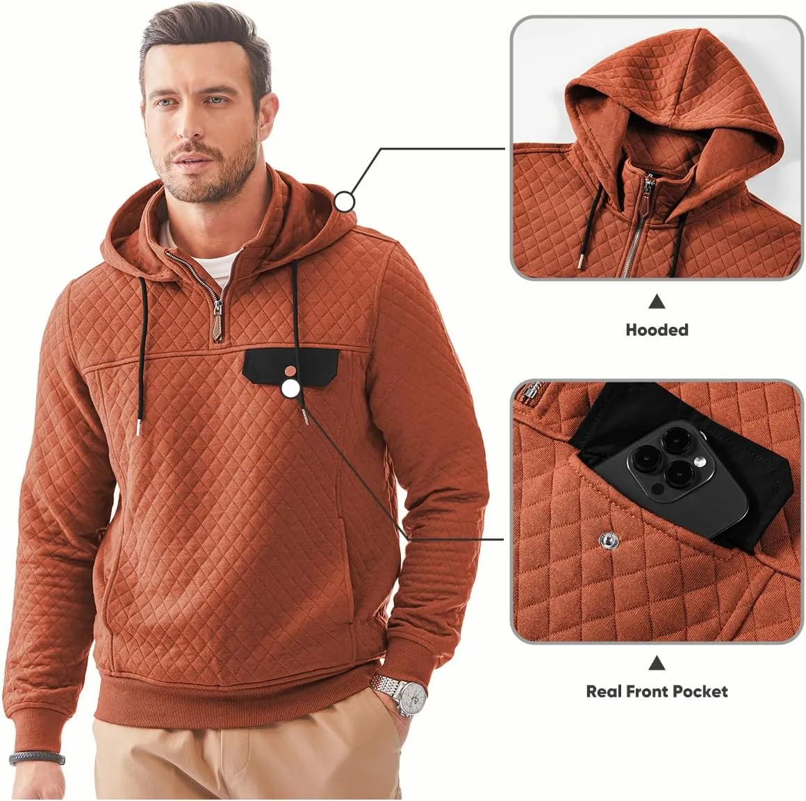 JMIERR Men's Quilted Hoodies Casual Long Sleeve Quarter-Zip Pullover Sweatshirt with Pockets