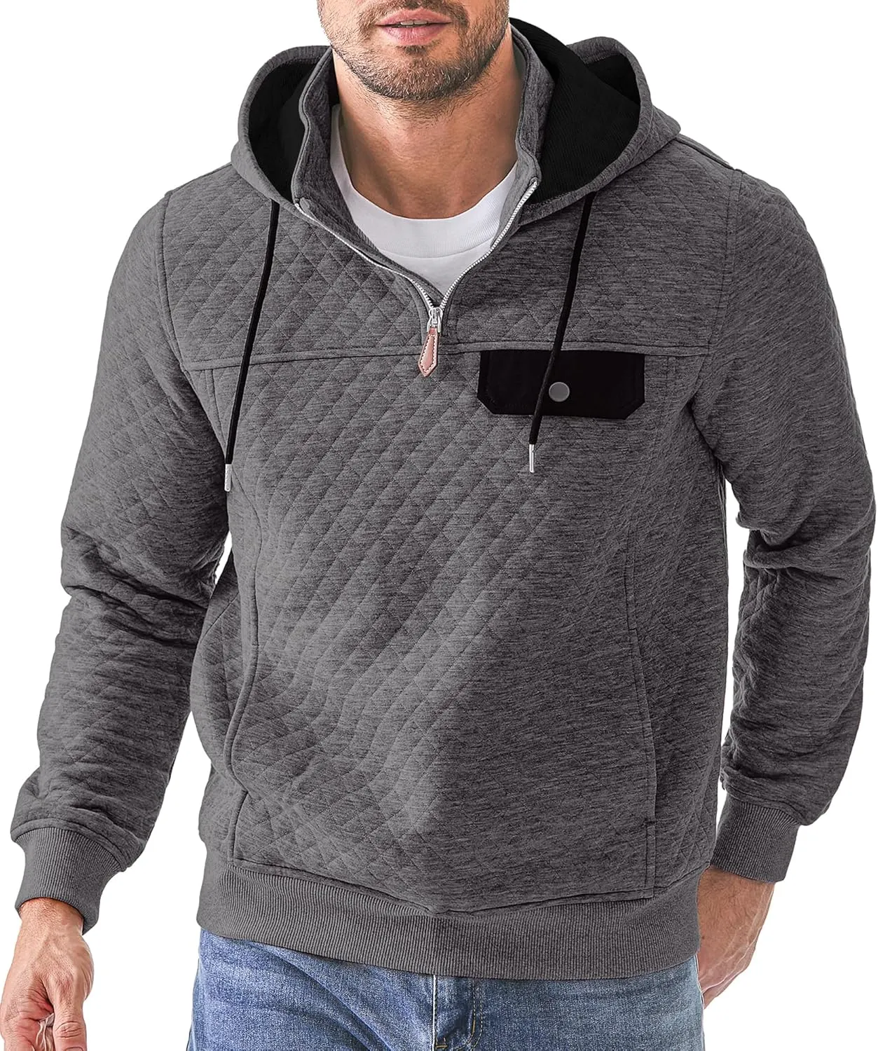 JMIERR Men's Quilted Hoodies Casual Long Sleeve Quarter-Zip Pullover Sweatshirt with Pockets