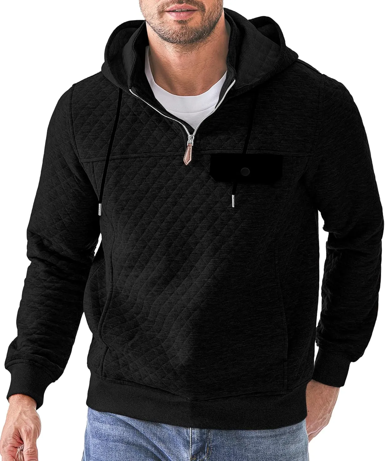 JMIERR Men's Quilted Hoodies Casual Long Sleeve Quarter-Zip Pullover Sweatshirt with Pockets