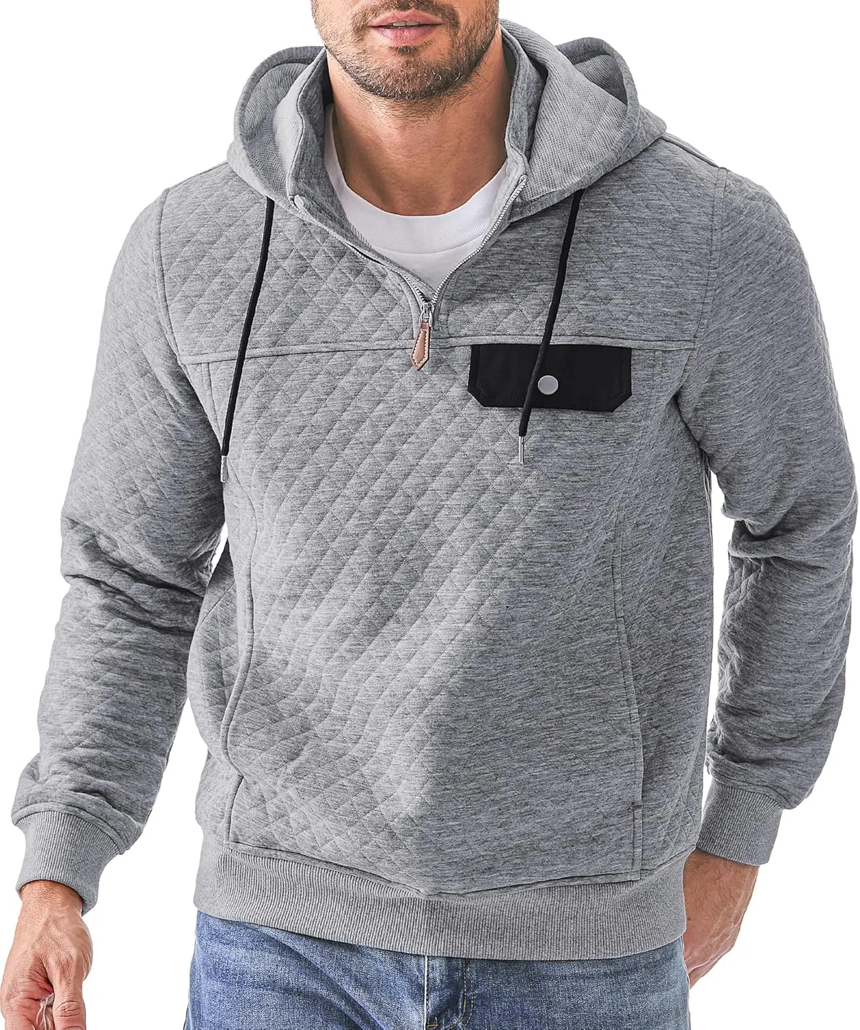 JMIERR Men's Quilted Hoodies Casual Long Sleeve Quarter-Zip Pullover Sweatshirt with Pockets
