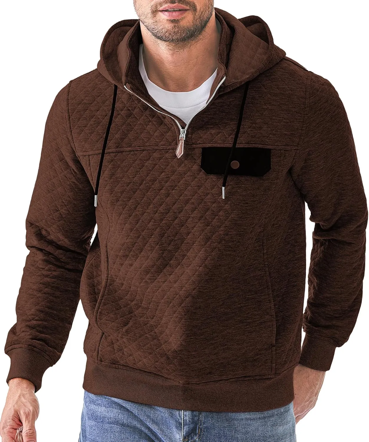 JMIERR Men's Quilted Hoodies Casual Long Sleeve Quarter-Zip Pullover Sweatshirt with Pockets