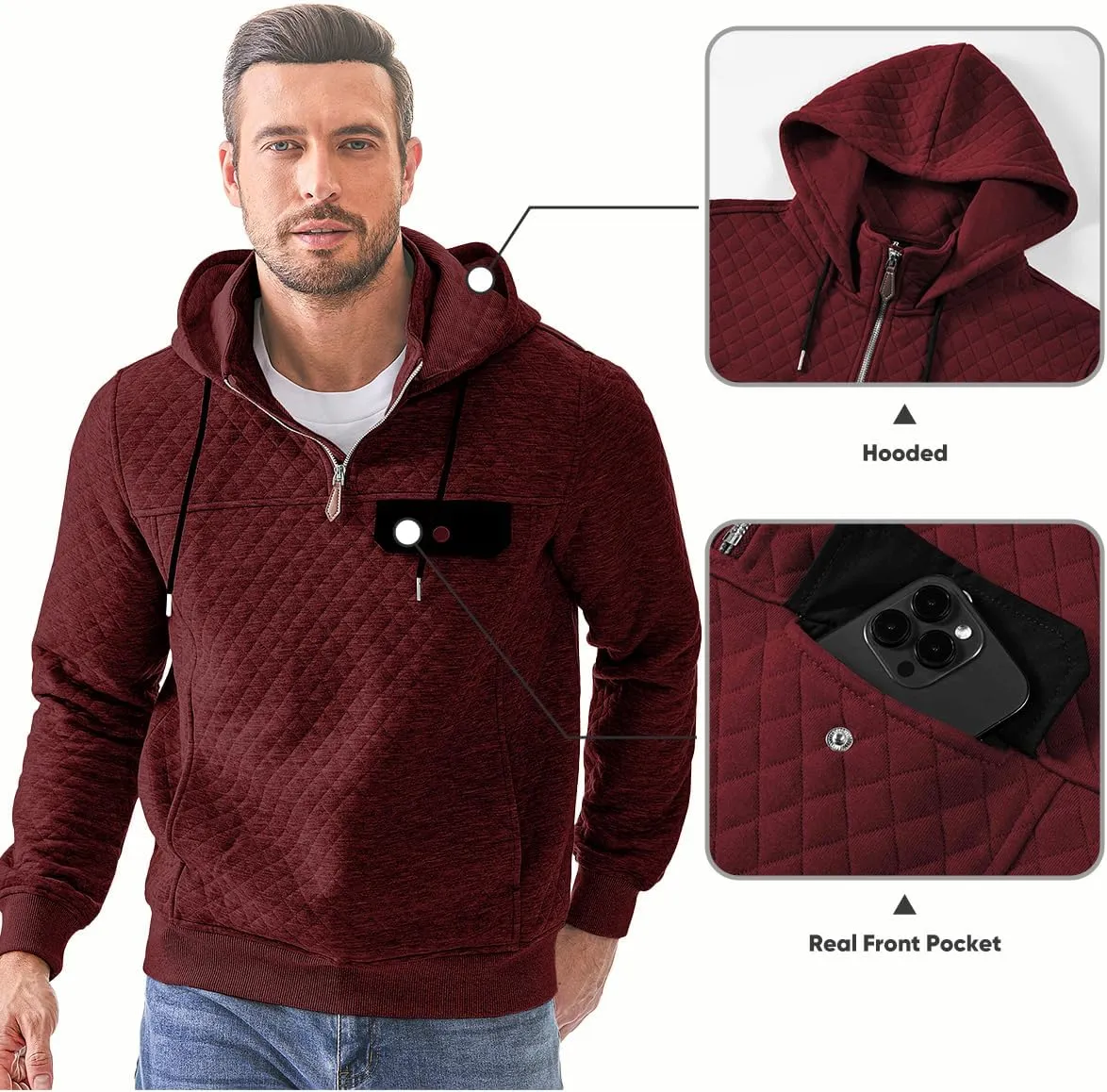 JMIERR Men's Quilted Hoodies Casual Long Sleeve Quarter-Zip Pullover Sweatshirt with Pockets