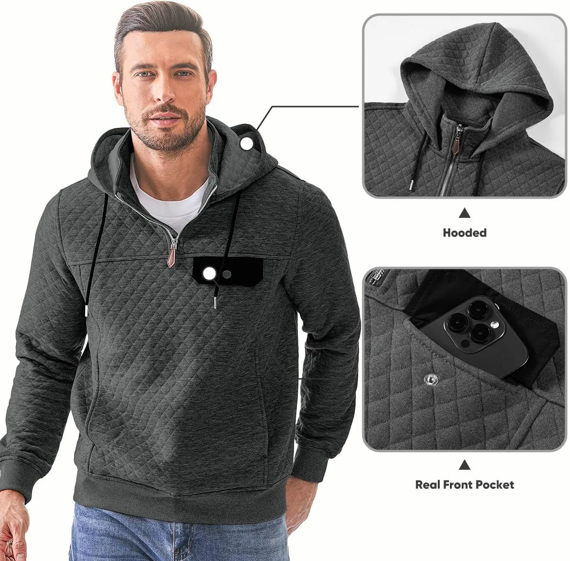JMIERR Men's Quilted Hoodies Casual Long Sleeve Quarter-Zip Pullover Sweatshirt with Pockets
