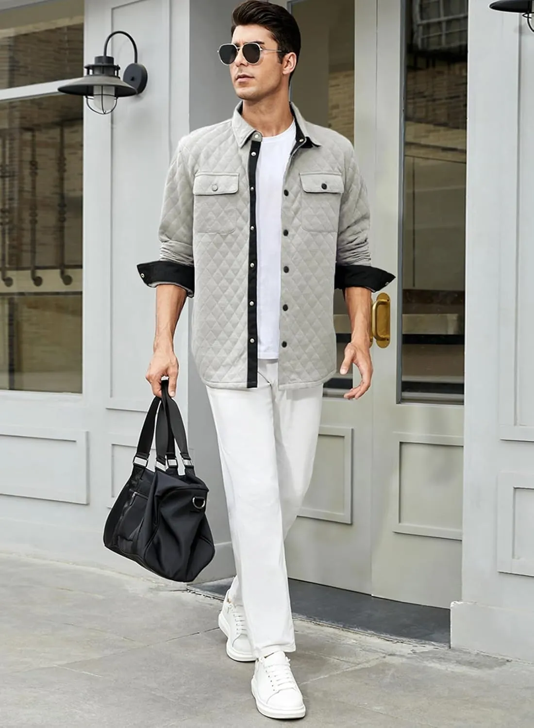 JMIERR Mens Quilted Shirt Jackets Casual Long Sleeve Snap Button Down Shirts with Pockets