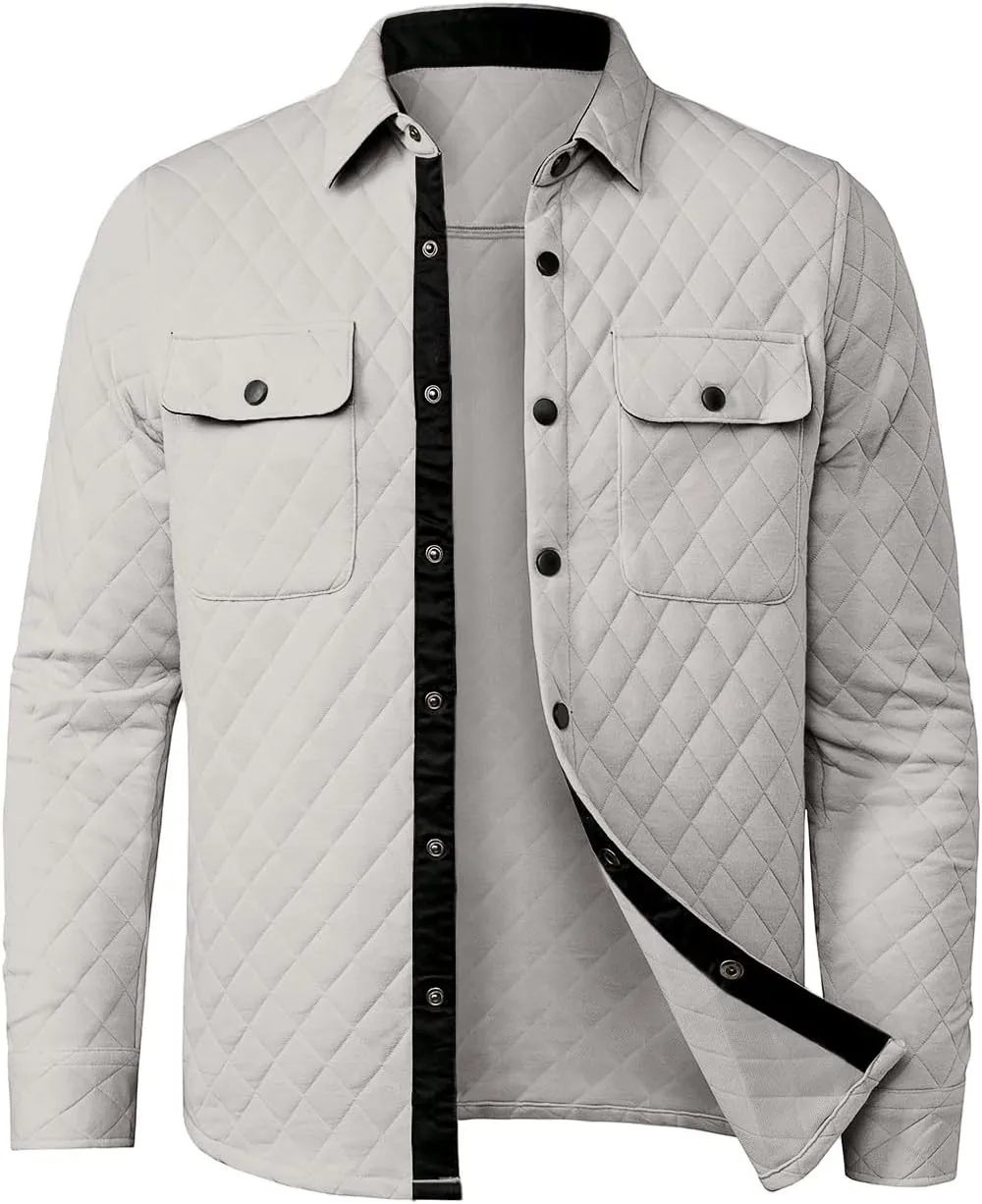 JMIERR Mens Quilted Shirt Jackets Casual Long Sleeve Snap Button Down Shirts with Pockets