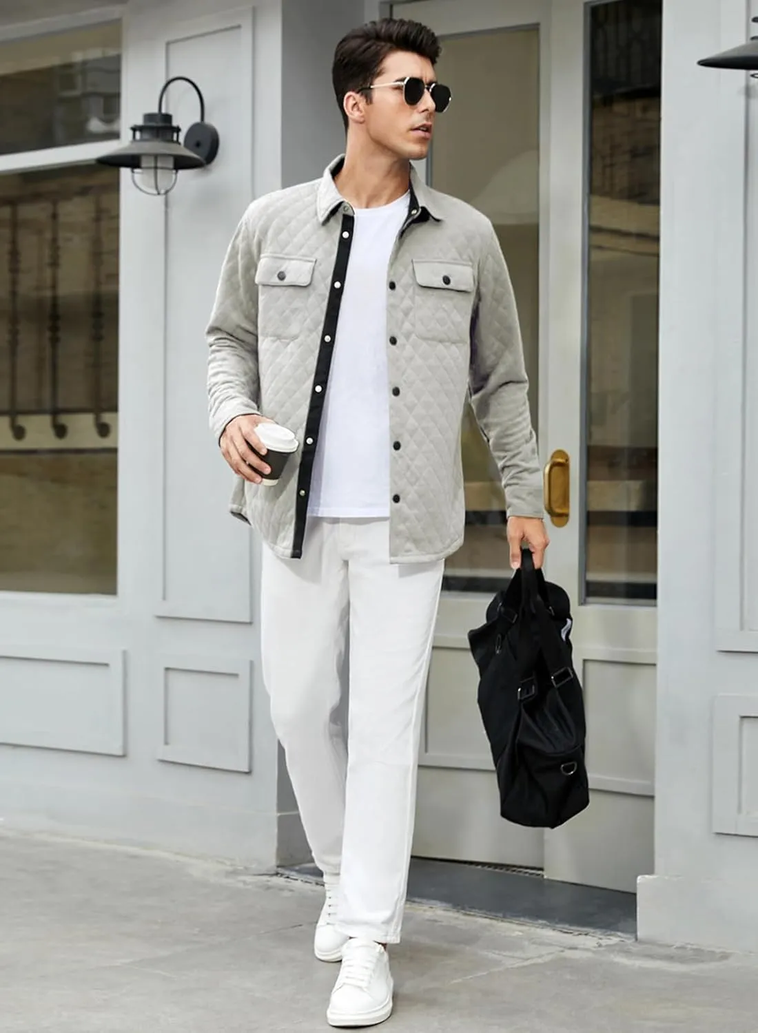 JMIERR Mens Quilted Shirt Jackets Casual Long Sleeve Snap Button Down Shirts with Pockets