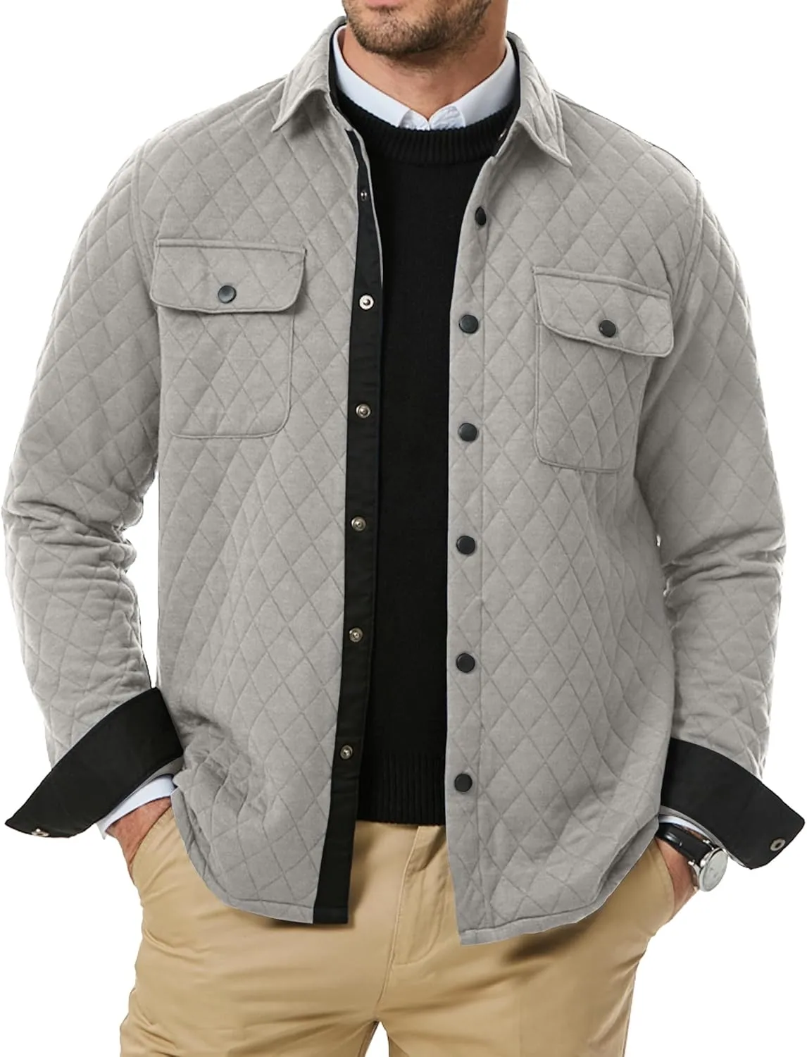 JMIERR Mens Quilted Shirt Jackets Casual Long Sleeve Snap Button Down Shirts with Pockets