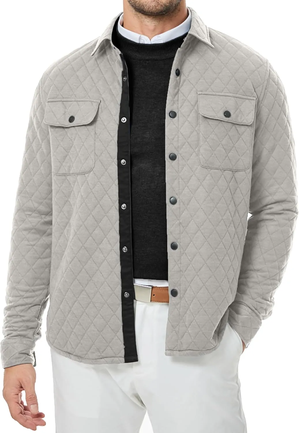 JMIERR Mens Quilted Shirt Jackets Casual Long Sleeve Snap Button Down Shirts with Pockets