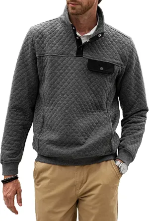JMIERR Men's Quilted Sweatshirt Casual Long Sleeve Outdoor Stand Collar Button Pullover Sweatshirts