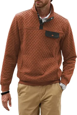 JMIERR Men's Quilted Sweatshirt Casual Long Sleeve Outdoor Stand Collar Button Pullover Sweatshirts