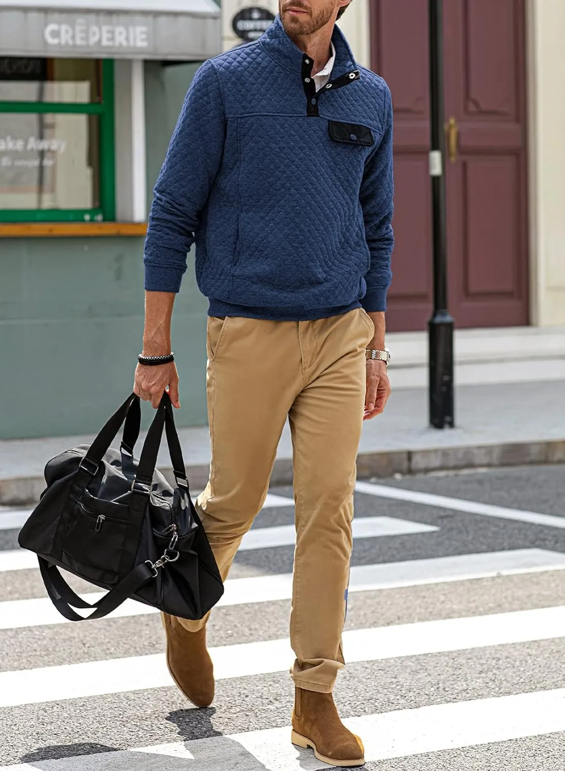 JMIERR Men's Quilted Sweatshirt Casual Long Sleeve Outdoor Stand Collar Button Pullover Sweatshirts