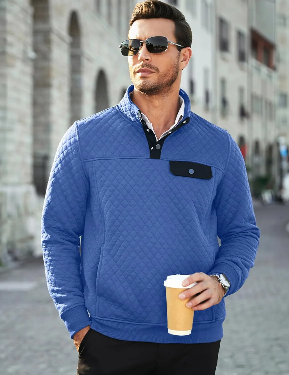 JMIERR Men's Quilted Sweatshirt Casual Long Sleeve Outdoor Stand Collar Button Pullover Sweatshirts