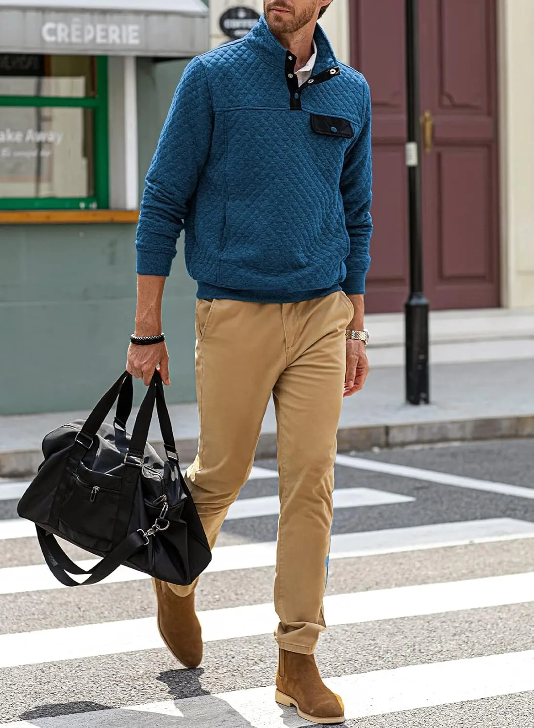 JMIERR Men's Quilted Sweatshirt Casual Long Sleeve Outdoor Stand Collar Button Pullover Sweatshirts