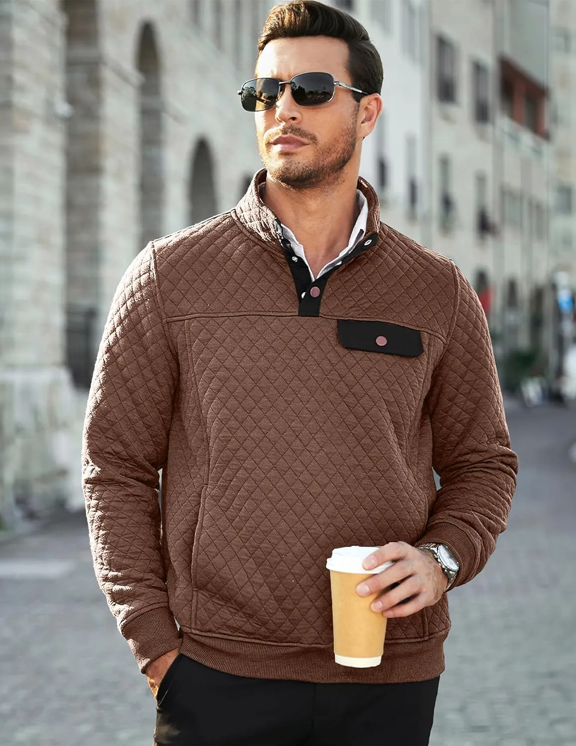 JMIERR Men's Quilted Sweatshirt Casual Long Sleeve Outdoor Stand Collar Button Pullover Sweatshirts