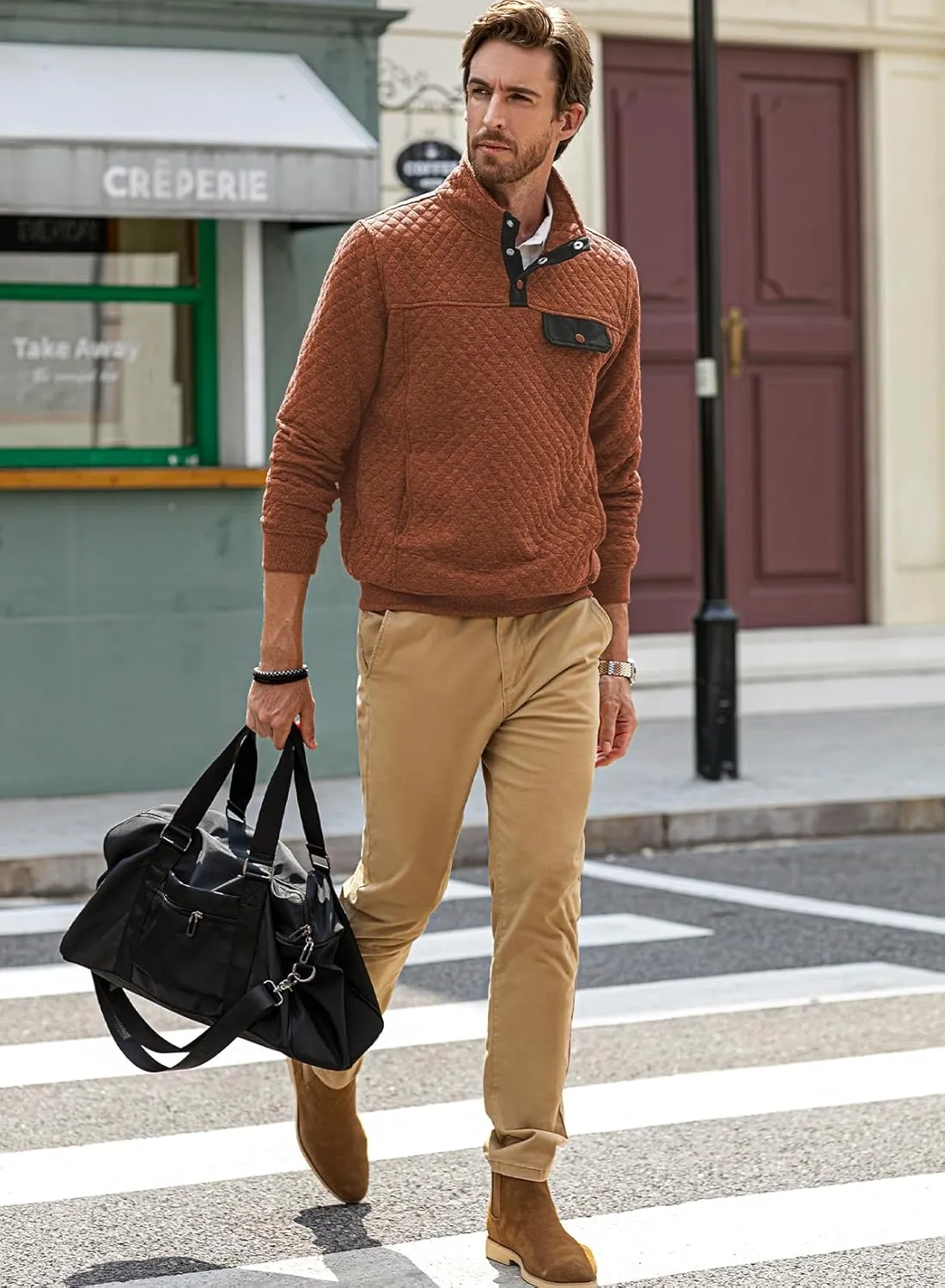 JMIERR Men's Quilted Sweatshirt Casual Long Sleeve Outdoor Stand Collar Button Pullover Sweatshirts