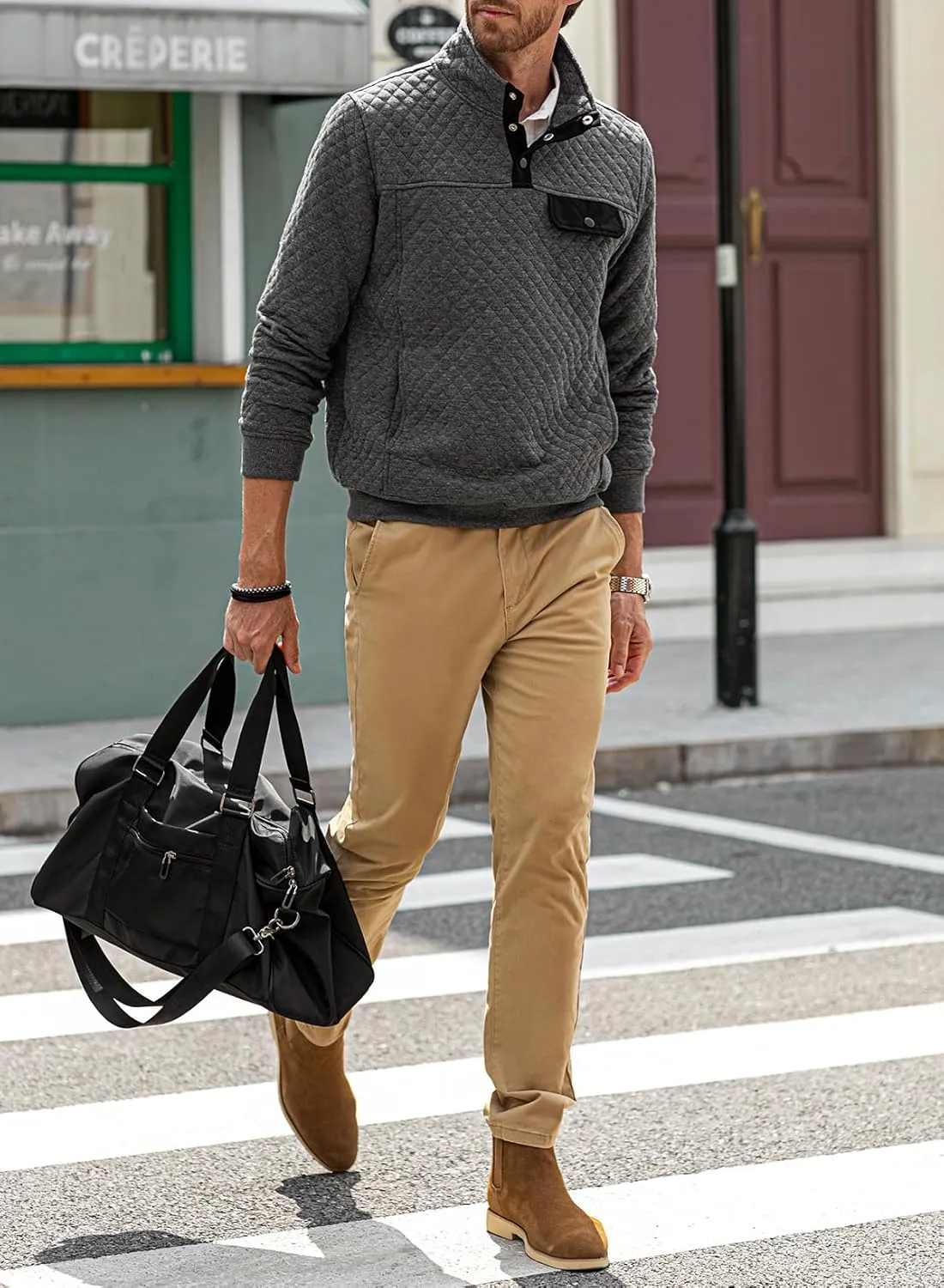 JMIERR Men's Quilted Sweatshirt Casual Long Sleeve Outdoor Stand Collar Button Pullover Sweatshirts