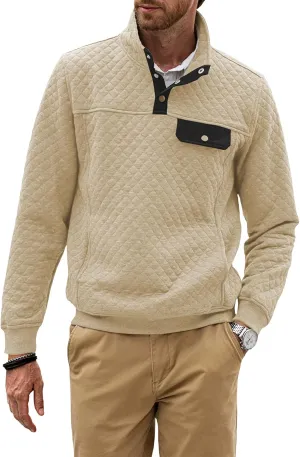 JMIERR Men's Quilted Sweatshirt Casual Long Sleeve Outdoor Stand Collar Button Pullover Sweatshirts