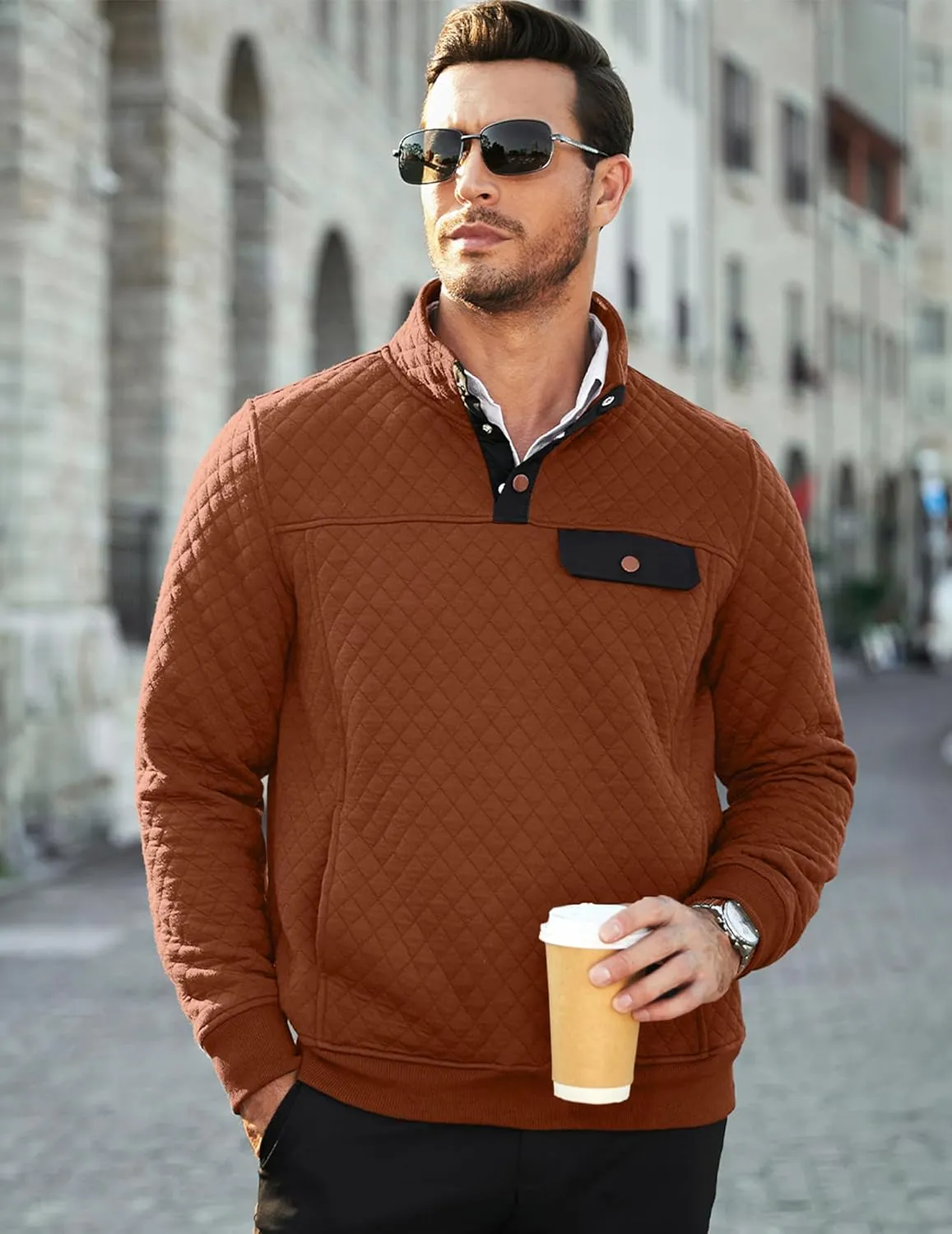 JMIERR Men's Quilted Sweatshirt Casual Long Sleeve Outdoor Stand Collar Button Pullover Sweatshirts