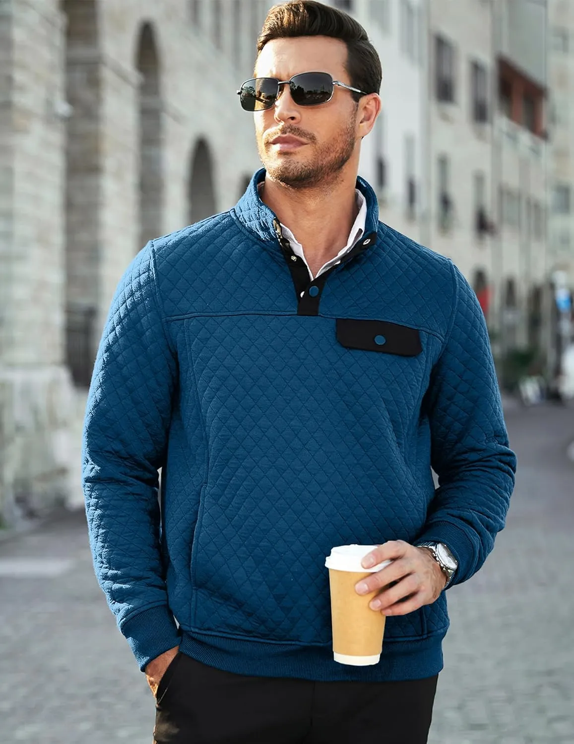 JMIERR Men's Quilted Sweatshirt Casual Long Sleeve Outdoor Stand Collar Button Pullover Sweatshirts