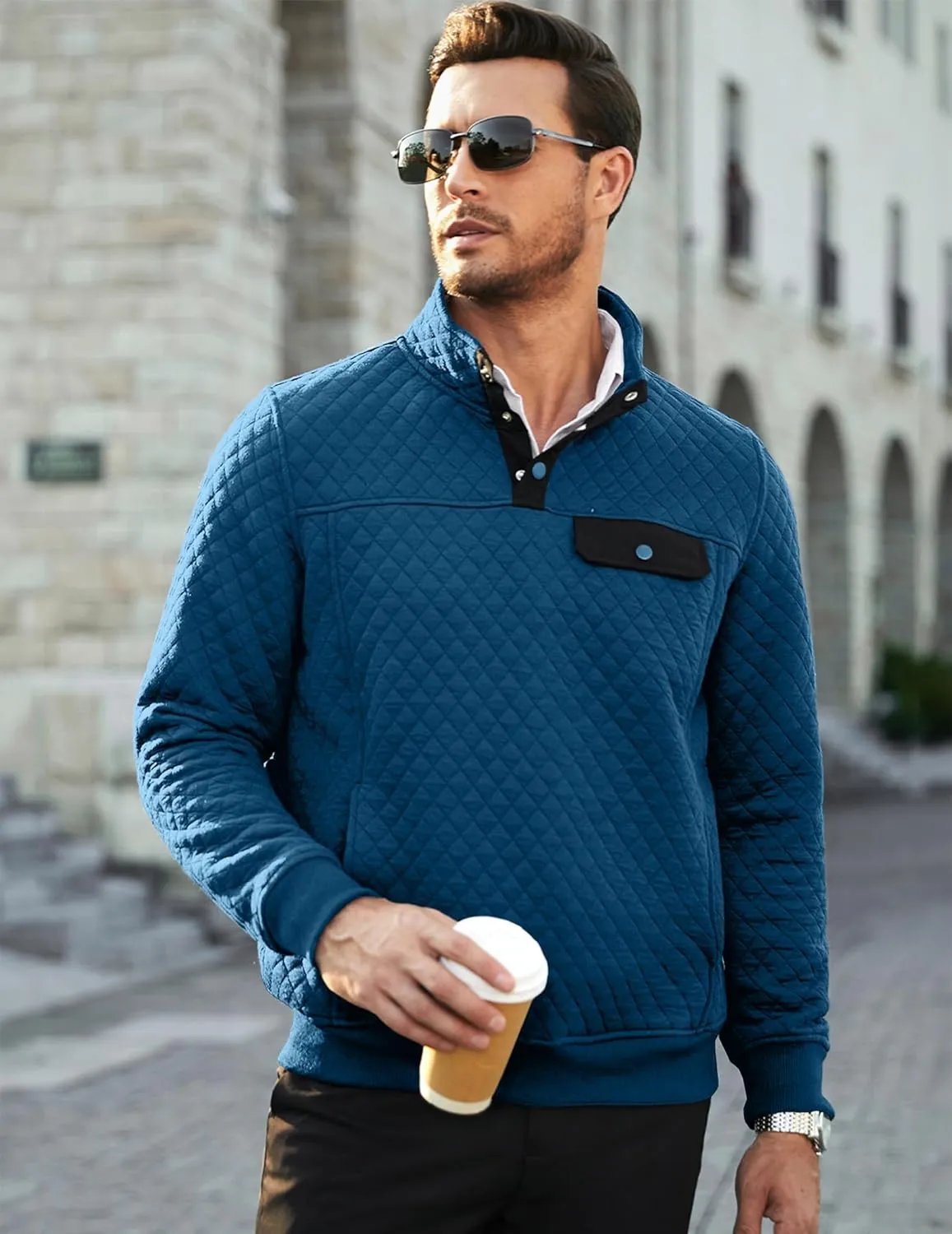 JMIERR Men's Quilted Sweatshirt Casual Long Sleeve Outdoor Stand Collar Button Pullover Sweatshirts