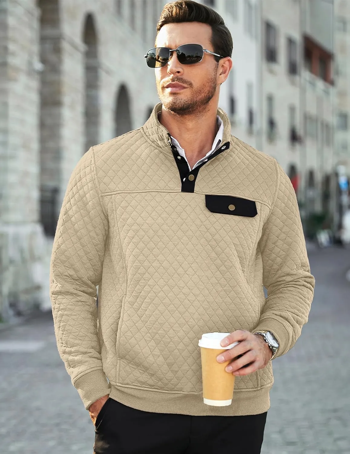 JMIERR Men's Quilted Sweatshirt Casual Long Sleeve Outdoor Stand Collar Button Pullover Sweatshirts