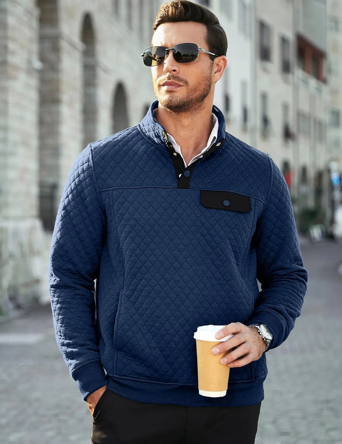 JMIERR Men's Quilted Sweatshirt Casual Long Sleeve Outdoor Stand Collar Button Pullover Sweatshirts