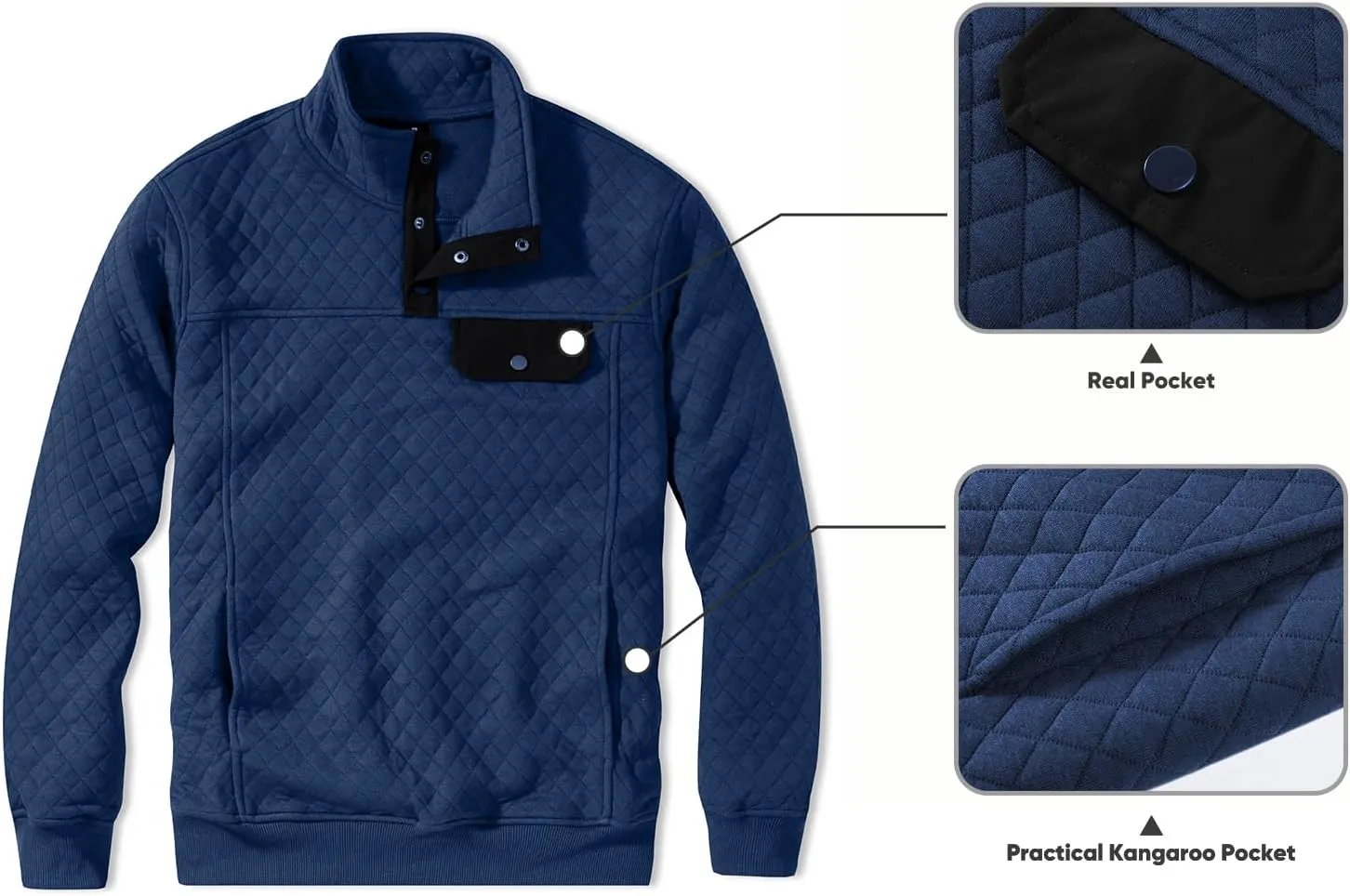 JMIERR Men's Quilted Sweatshirt Casual Long Sleeve Outdoor Stand Collar Button Pullover Sweatshirts