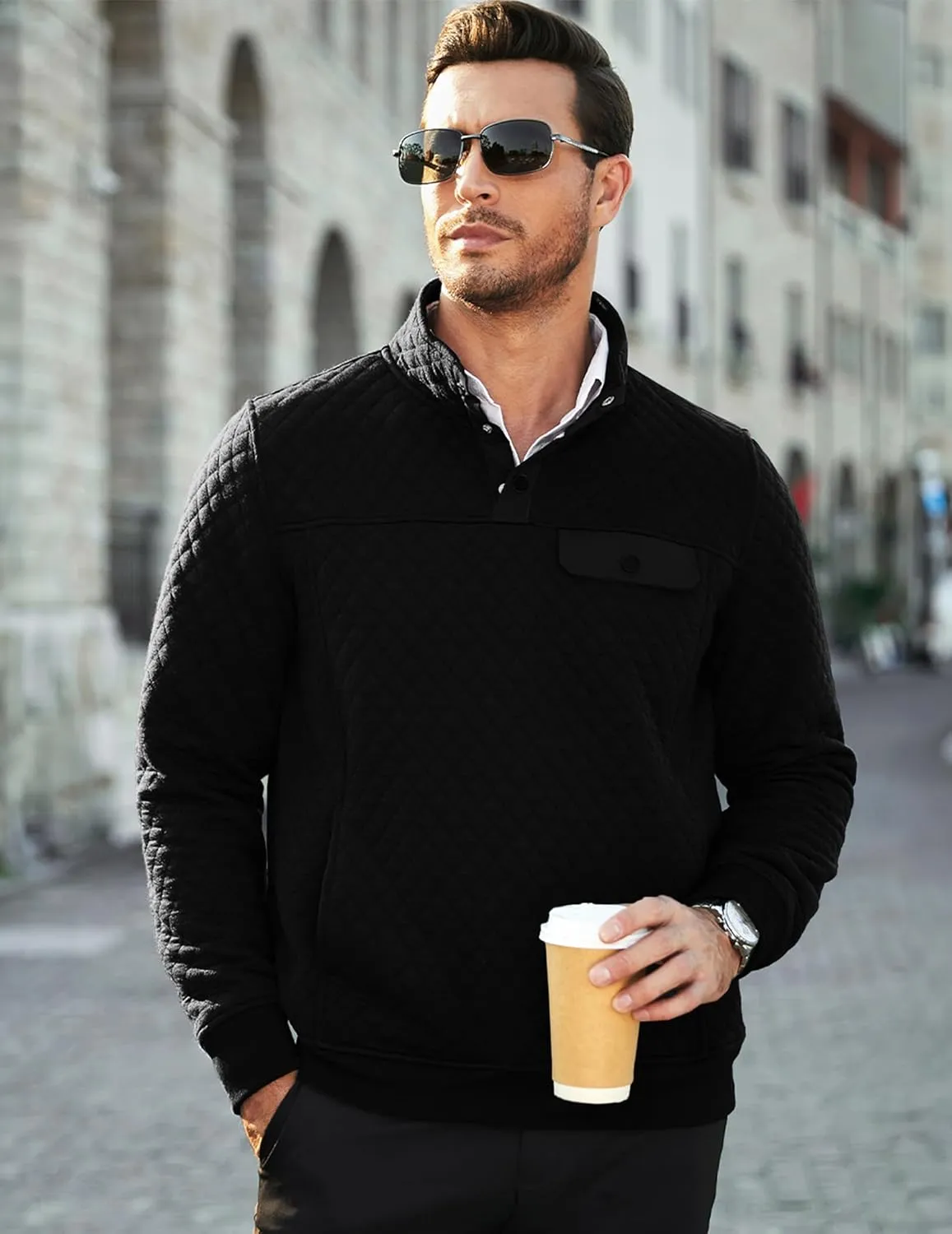 JMIERR Men's Quilted Sweatshirt Casual Long Sleeve Outdoor Stand Collar Button Pullover Sweatshirts